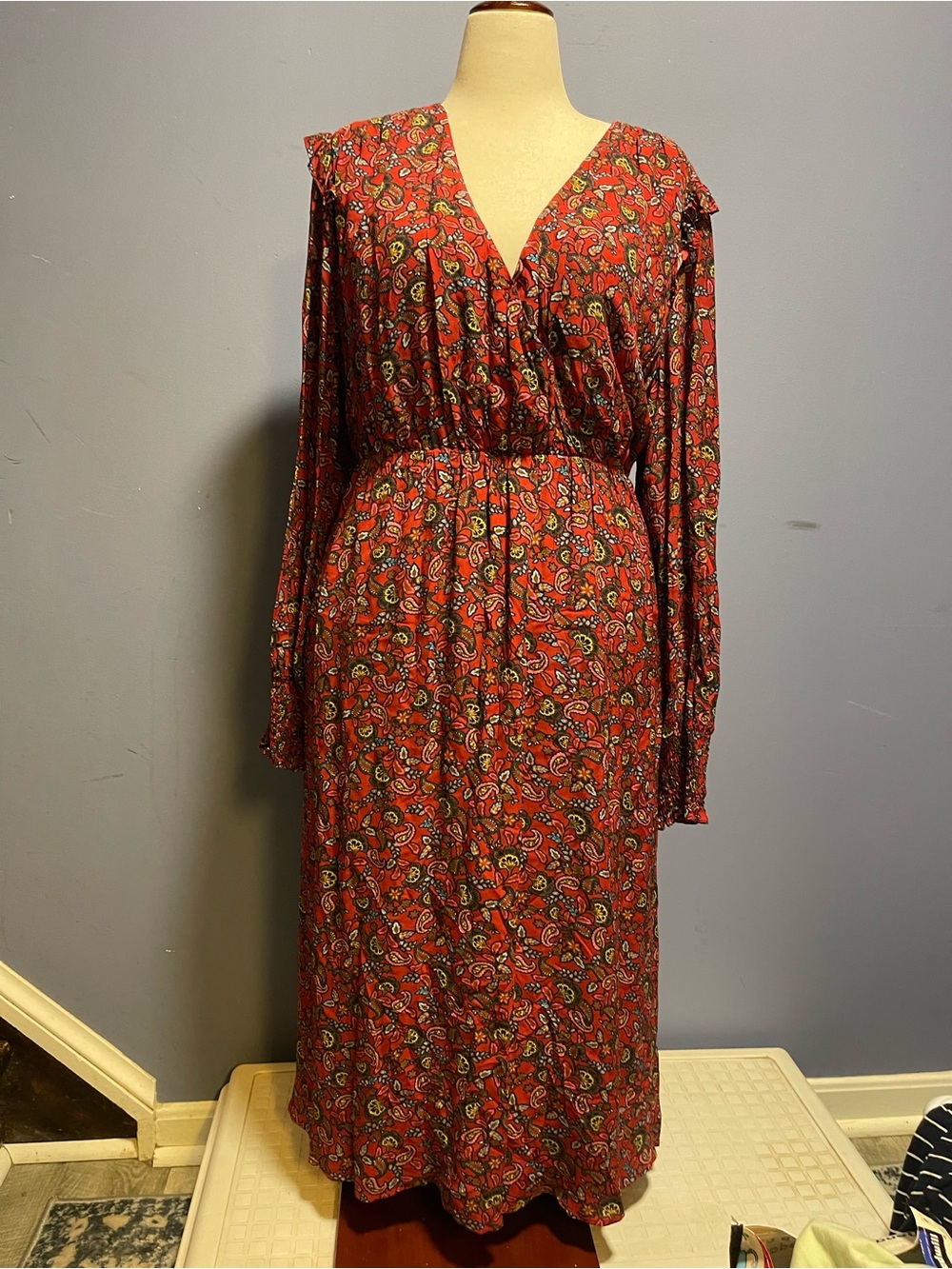 Boden Red Paisley Ruffle Maxi Dress Plus Size US 20/22R